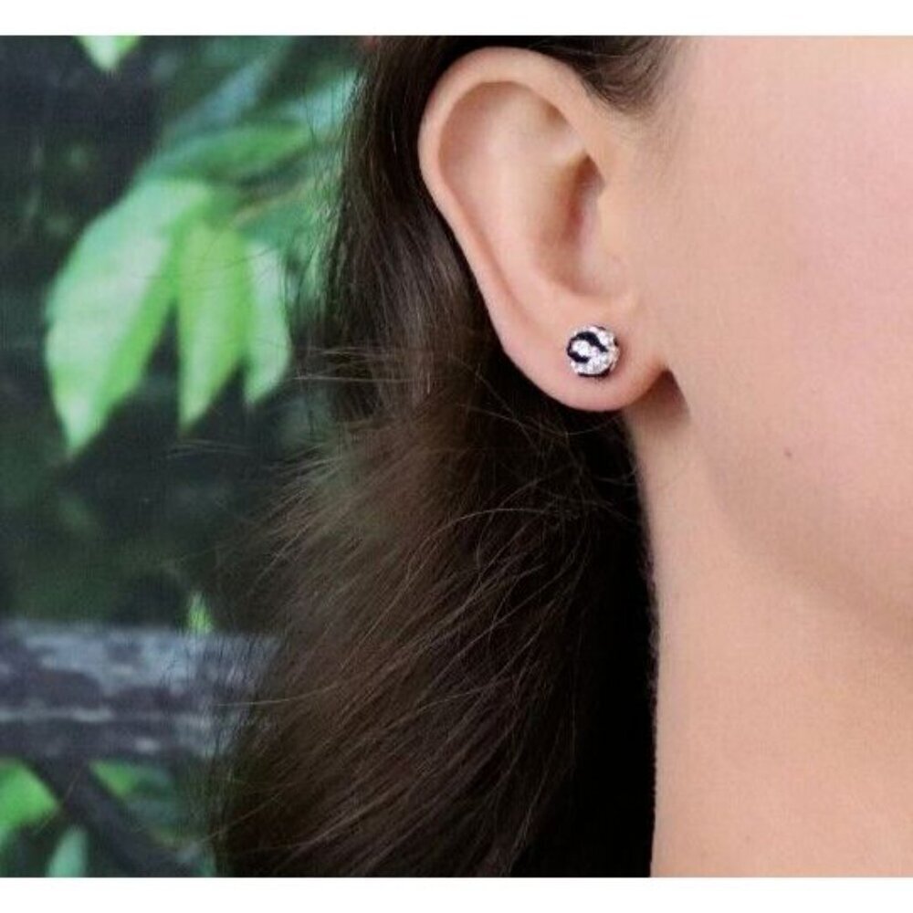 14k White Gold Black & White Crystal Stud Earrings Sparkly Ball - Picture 2 of 9
